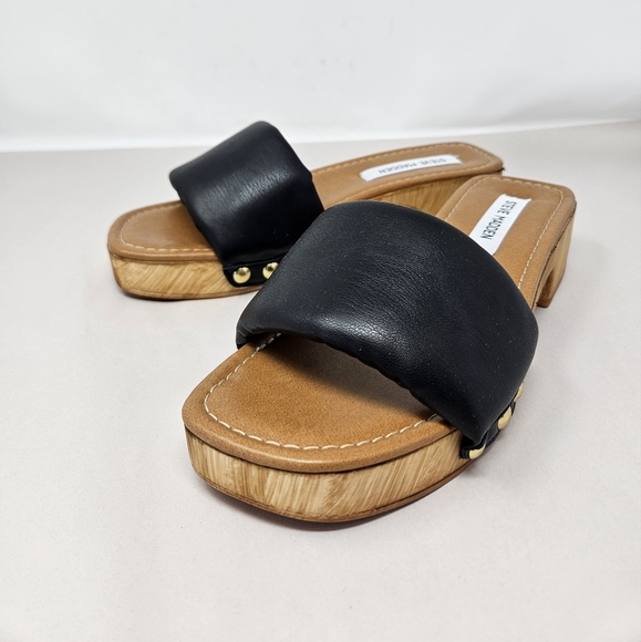 Steve Madden Womens Belong Slip On Thick Black Faux Leather Sandels Sz 39=8.5 - Picture 3 of 12